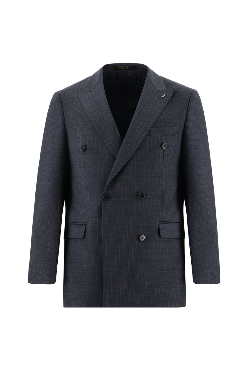 Koyu Lacivert Slim Fit Dar Kesim Yünlü Kruvaze Çizgili Takım Elbise