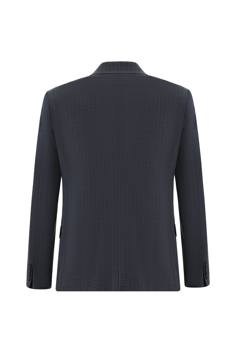 Koyu Lacivert Slim Fit Dar Kesim Yünlü Kruvaze Çizgili Takım Elbise