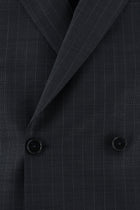 Koyu Lacivert Slim Fit Dar Kesim Yünlü Kruvaze Çizgili Takım Elbise