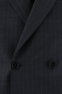 Koyu Lacivert Slim Fit Dar Kesim Yünlü Kruvaze Çizgili Takım Elbise