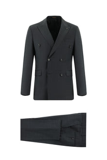 Koyu Antrasit Slim Fit Dar Kesim Yünlü Kruvaze Çizgili Takım Elbise