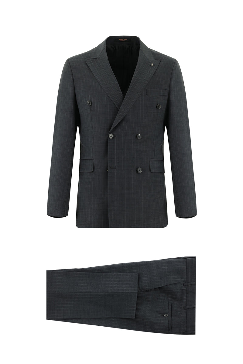 Koyu Antrasit Regular Fit Yünlü Kruvaze Çizgili Takım Elbise