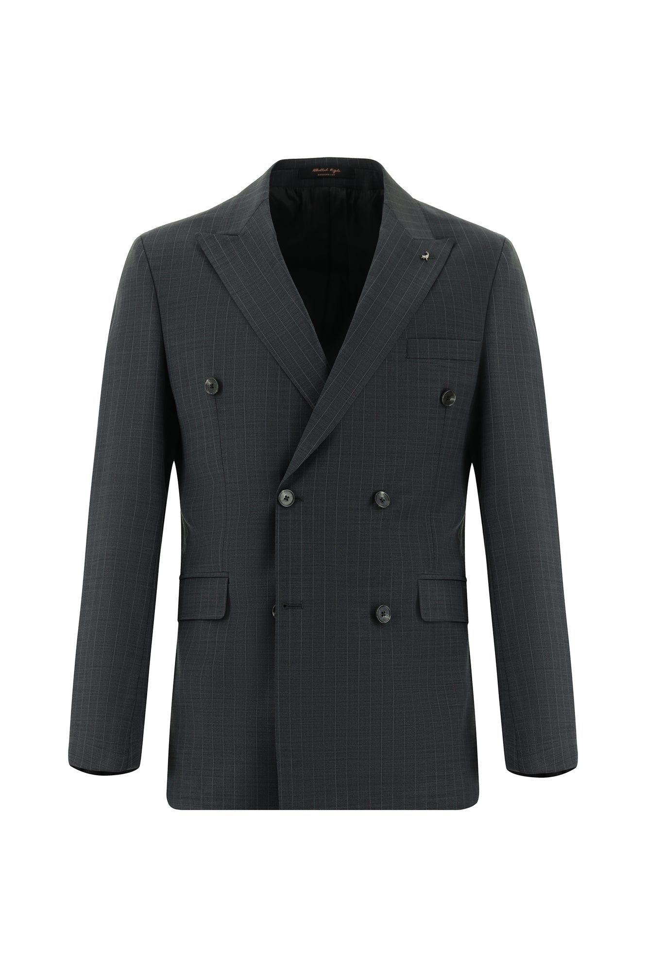 Koyu Antrasit Slim Fit Dar Kesim Yünlü Kruvaze Çizgili Takım Elbise