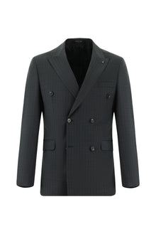 Koyu Antrasit Slim Fit Dar Kesim Yünlü Kruvaze Çizgili Takım Elbise