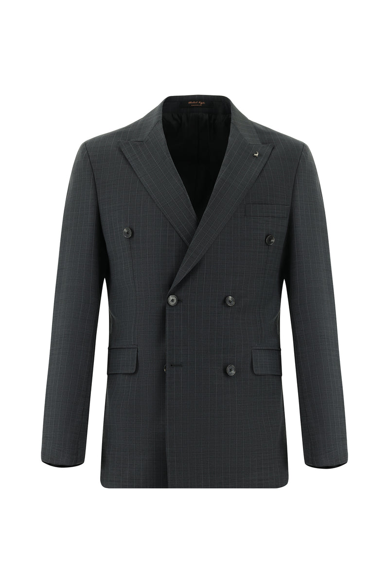 Koyu Antrasit Regular Fit Yünlü Kruvaze Çizgili Takım Elbise