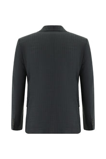 Koyu Antrasit Slim Fit Dar Kesim Yünlü Kruvaze Çizgili Takım Elbise