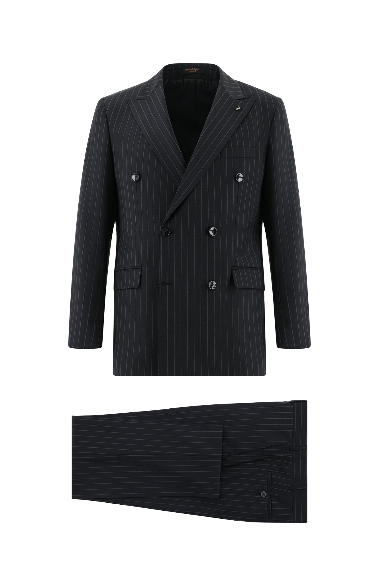 Siyah Slim Fit Dar Kesim Yünlü Kruvaze Çizgili Takım Elbise