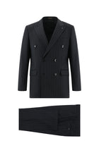 Siyah Slim Fit Dar Kesim Yünlü Kruvaze Çizgili Takım Elbise