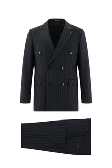 Siyah Slim Fit Dar Kesim Yünlü Kruvaze Çizgili Takım Elbise