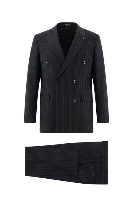 Siyah Slim Fit Dar Kesim Yünlü Kruvaze Çizgili Takım Elbise