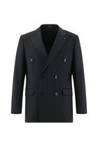 Siyah Slim Fit Dar Kesim Yünlü Kruvaze Çizgili Takım Elbise