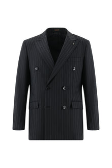 Siyah Slim Fit Dar Kesim Yünlü Kruvaze Çizgili Takım Elbise