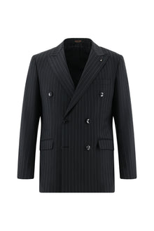 Siyah 7 Drop Slim Fit Dar Kesim Yünlü Kruvaze Çizgili Tak?m Elbise-Abdullah Ki??l?