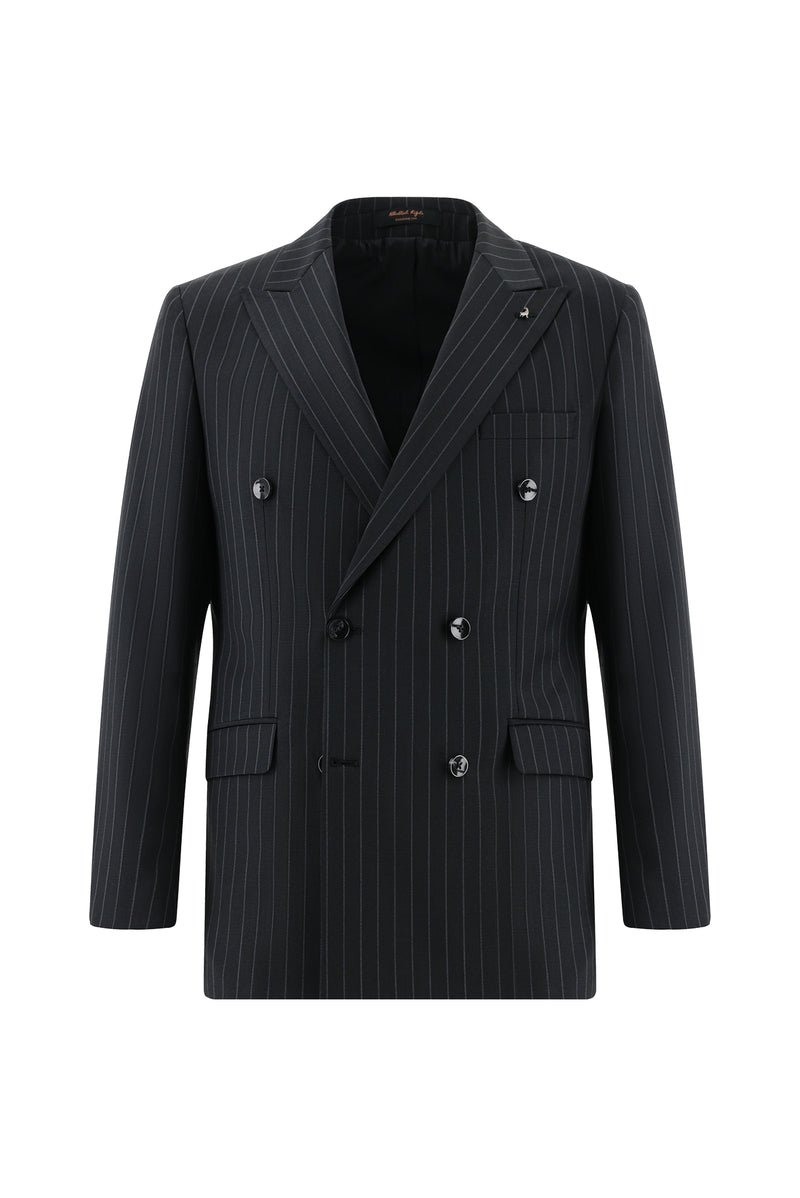 Siyah 7 Drop Slim Fit Dar Kesim Yünlü Kruvaze Çizgili Tak?m Elbise-Abdullah Ki??l?