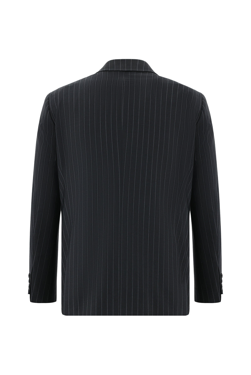 Siyah 7 Drop Slim Fit Dar Kesim Yünlü Kruvaze Çizgili Tak?m Elbise-Abdullah Ki??l?