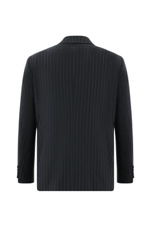 Siyah Slim Fit Dar Kesim Yünlü Kruvaze Çizgili Takım Elbise