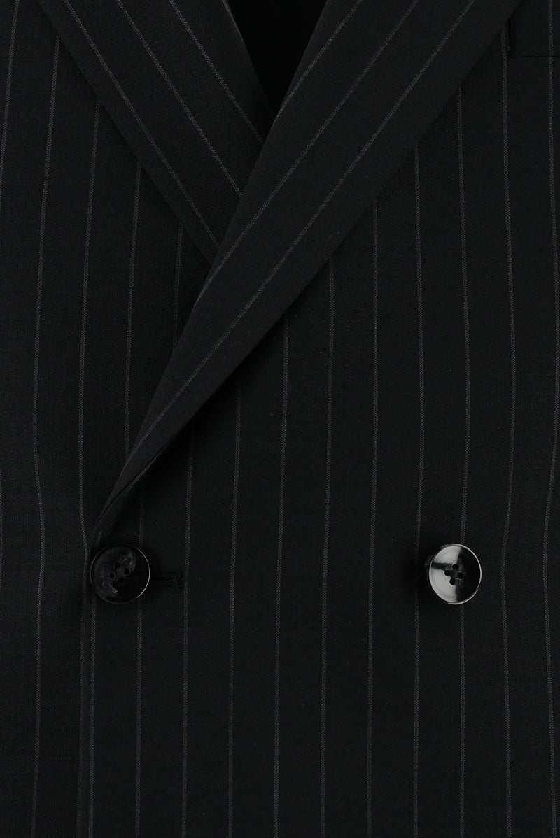 Siyah 7 Drop Slim Fit Dar Kesim Yünlü Kruvaze Çizgili Tak?m Elbise-Abdullah Ki??l?