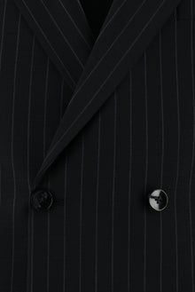 Siyah Slim Fit Dar Kesim Yünlü Kruvaze Çizgili Takım Elbise