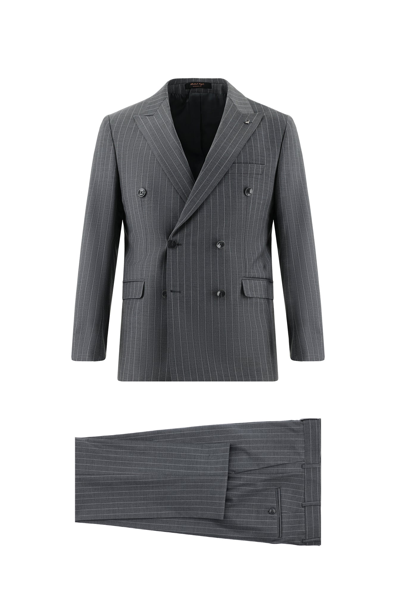 Orta Füme Slim Fit Dar Kesim Yünlü Kruvaze Çizgili Takım Elbise