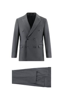 Orta Füme Slim Fit Dar Kesim Yünlü Kruvaze Çizgili Takım Elbise