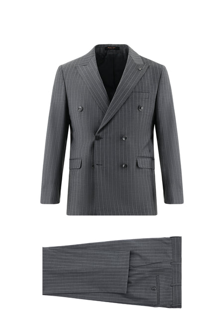 Orta Füme Slim Fit Dar Kesim Yünlü Kruvaze Çizgili Takım Elbise