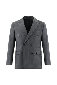 Orta Füme Slim Fit Dar Kesim Yünlü Kruvaze Çizgili Takım Elbise