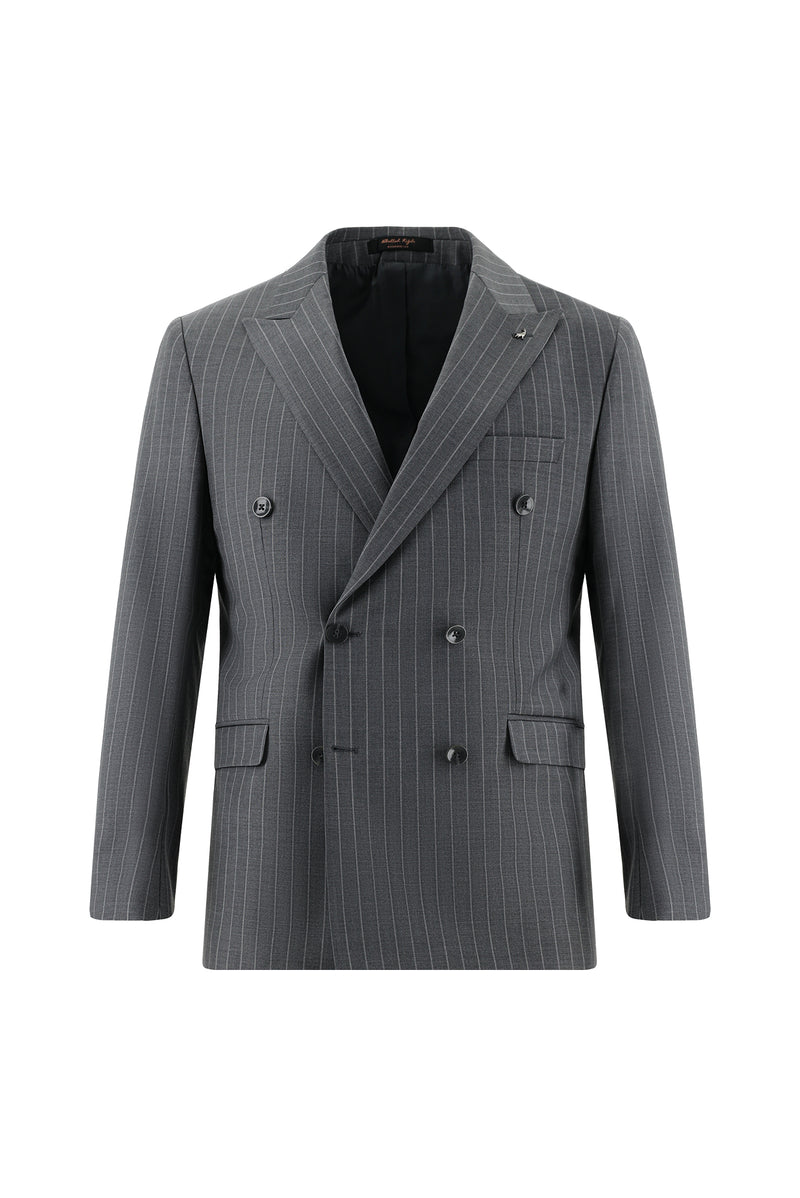 Orta Füme Regular Fit Yünlü Kruvaze Çizgili Takım Elbise