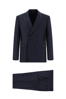 Koyu Lacivert Slim Fit Dar Kesim Yünlü Kruvaze Çizgili Takım Elbise
