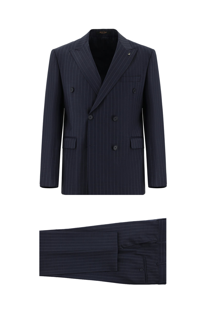 Koyu Lacivert Regular Fit Yünlü Kruvaze Çizgili Takım Elbise