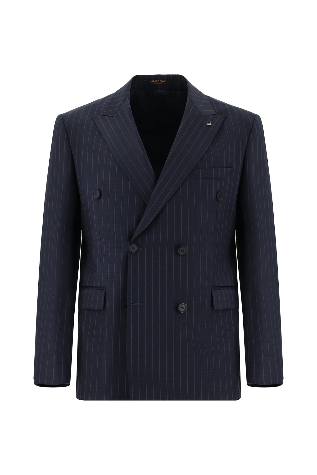 Koyu Lacivert Slim Fit Dar Kesim Yünlü Kruvaze Çizgili Takım Elbise