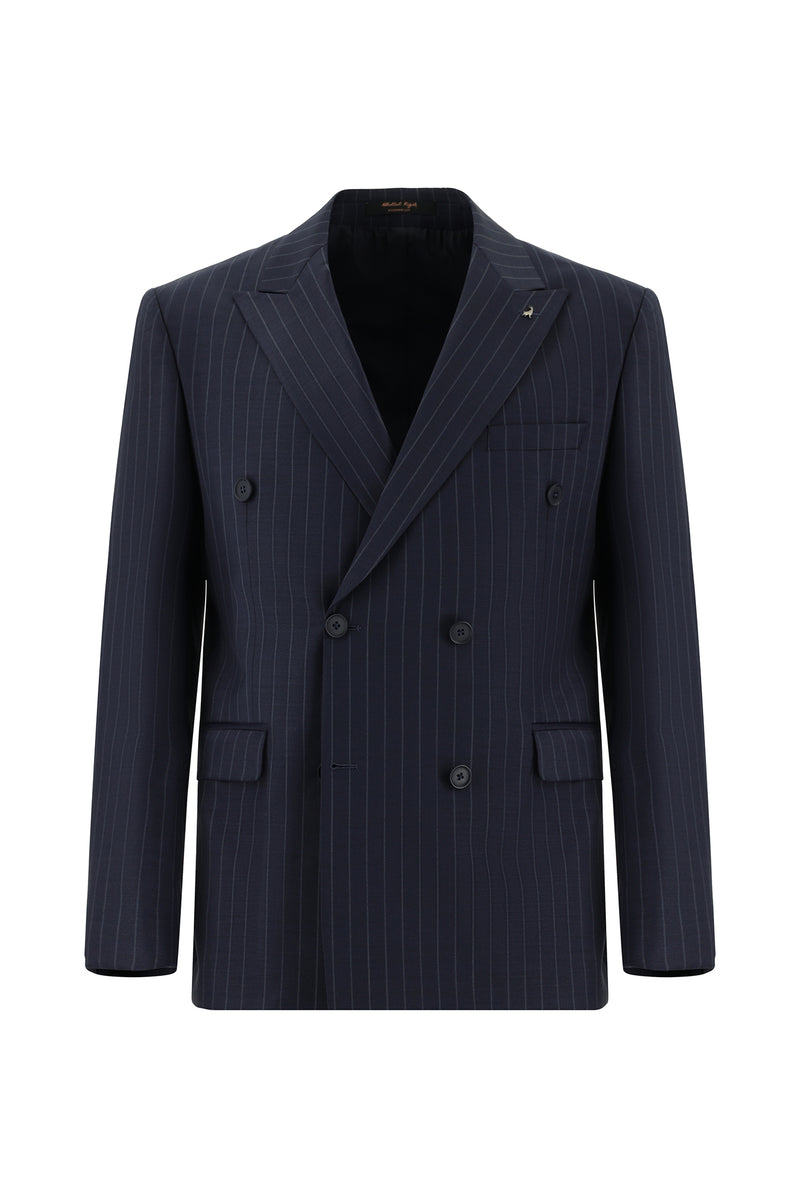 Koyu Lacivert Regular Fit Yünlü Kruvaze Çizgili Takım Elbise