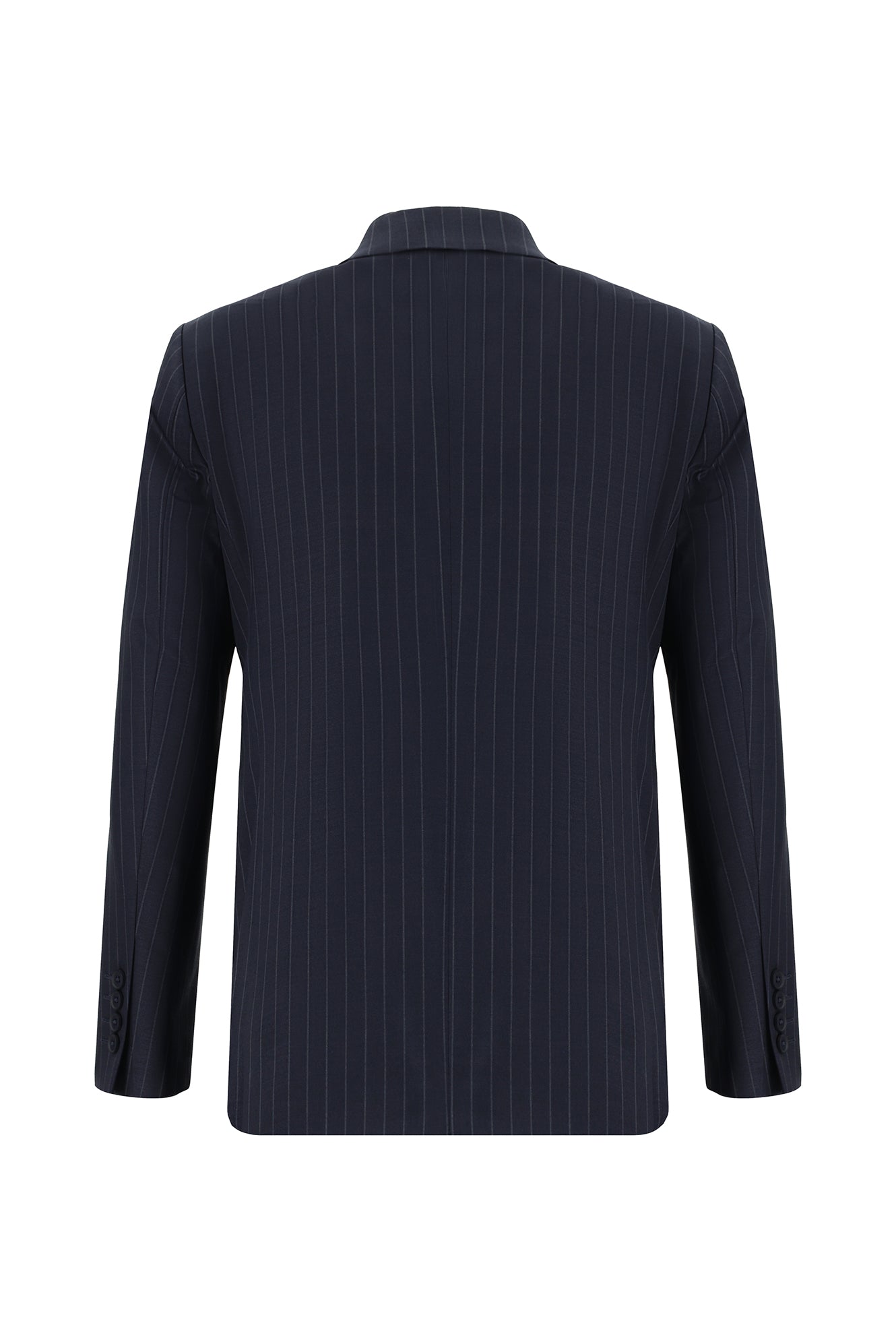 Koyu Lacivert Slim Fit Dar Kesim Yünlü Kruvaze Çizgili Takım Elbise