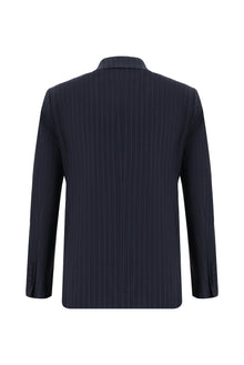 Koyu Lacivert Slim Fit Dar Kesim Yünlü Kruvaze Çizgili Takım Elbise