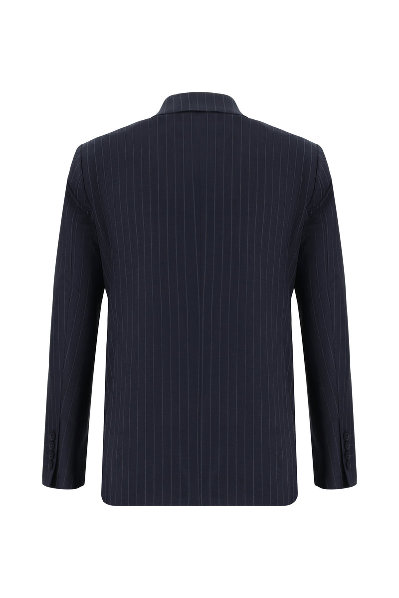 Koyu Lacivert Slim Fit Dar Kesim Yünlü Kruvaze Çizgili Takım Elbise