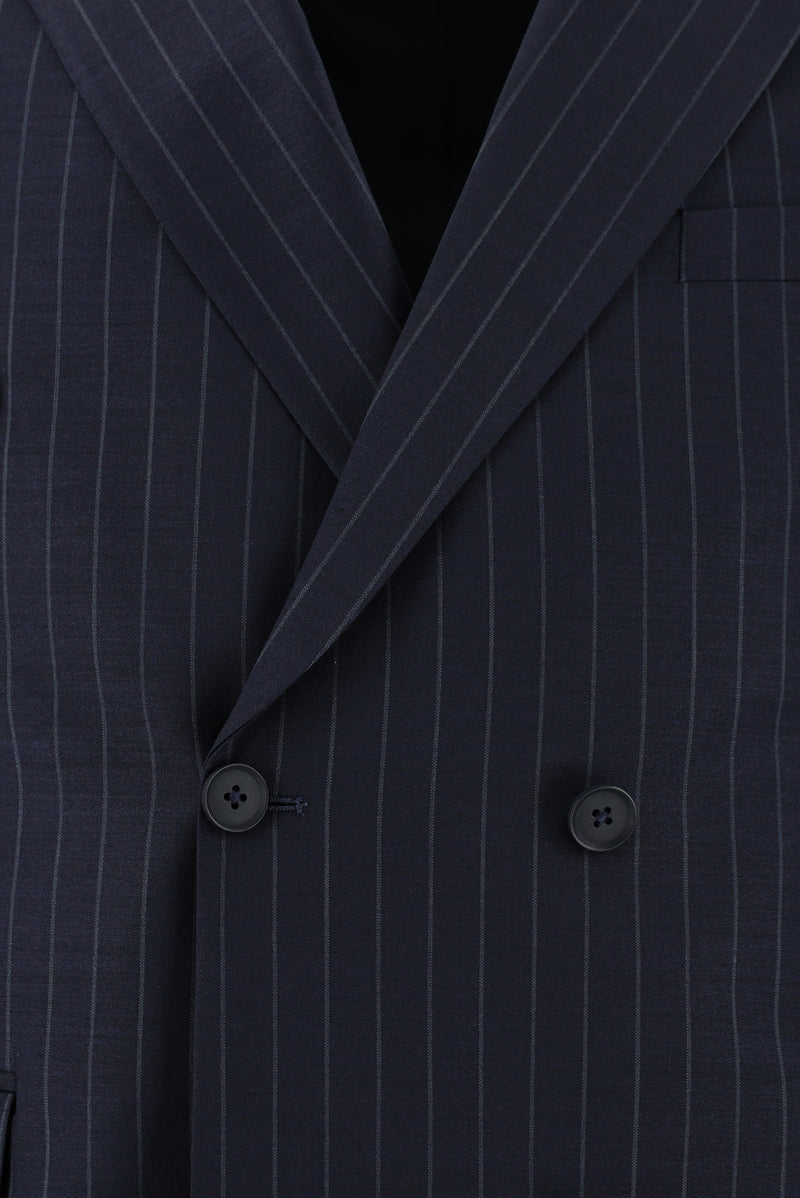 Koyu Lacivert Regular Fit Yünlü Kruvaze Çizgili Takım Elbise