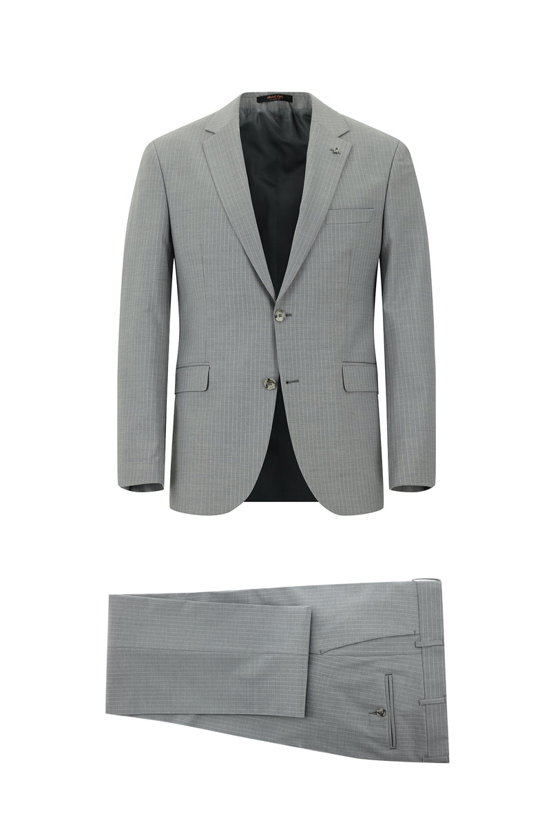 Orta Gri Slim Fit Dar Kesim Yünlü Klasik Çizgili Takım Elbise