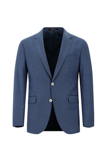 Orta Lacivert Slim Fit Dar Kesim Yünlü Klasik Çizgili Takım Elbise