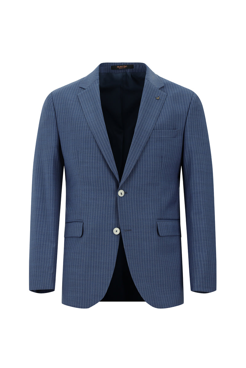 Orta Lacivert Slim Fit Dar Kesim Yünlü Klasik Çizgili Takım Elbise