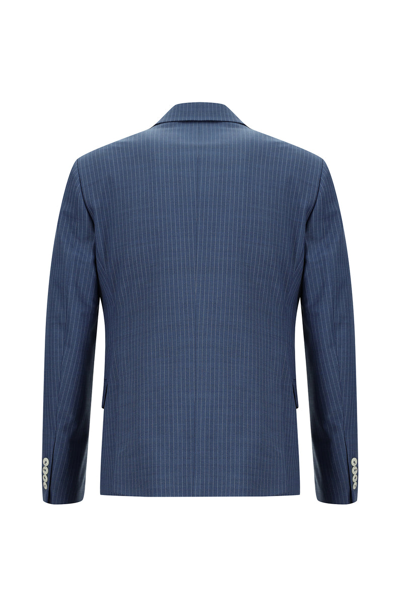 Orta Lacivert Slim Fit Dar Kesim Yünlü Klasik Çizgili Takım Elbise