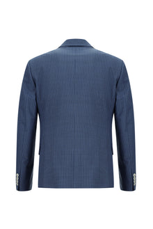 Orta Lacivert Slim Fit Dar Kesim Yünlü Klasik Çizgili Takım Elbise