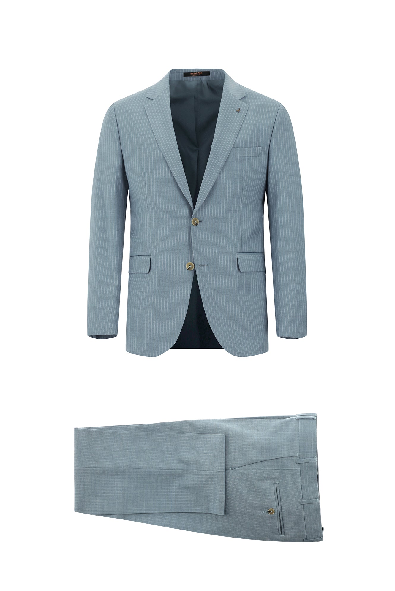 Açık Mavi Slim Fit Dar Kesim Yünlü Klasik Çizgili Takım Elbise