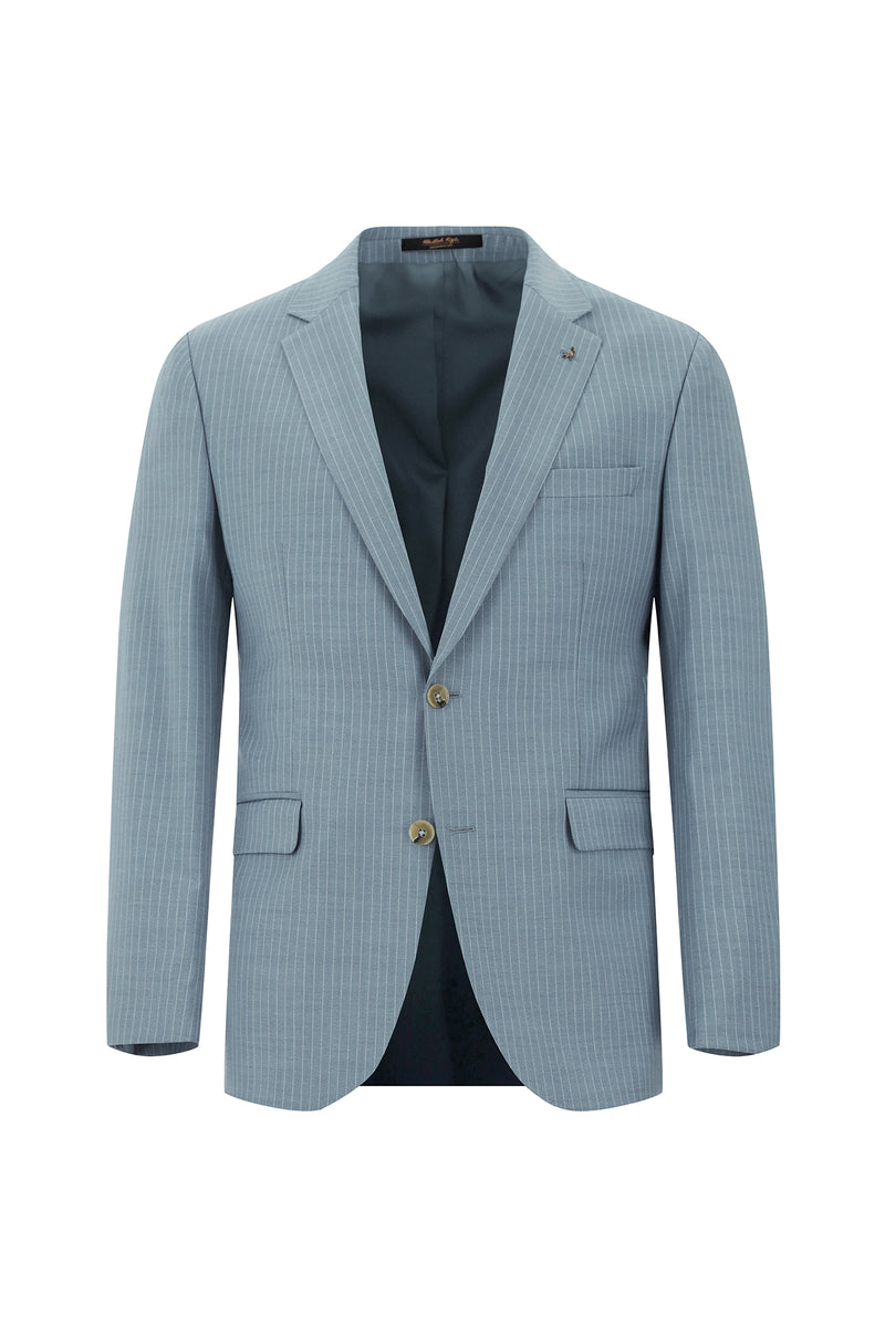 Açık Mavi Slim Fit Dar Kesim Yünlü Klasik Çizgili Takım Elbise