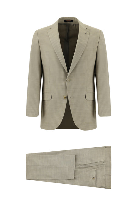 Açık Vizon Slim Fit Dar Kesim Yünlü Klasik Çizgili Takım Elbise