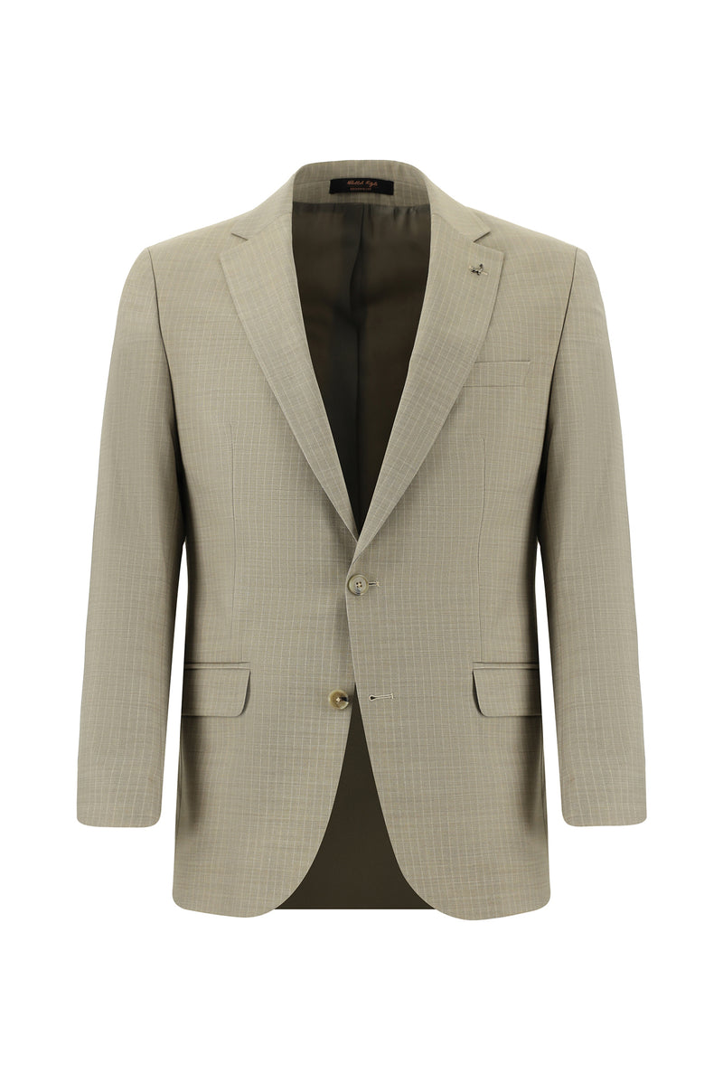 Açık Vizon Slim Fit Dar Kesim Yünlü Klasik Çizgili Takım Elbise