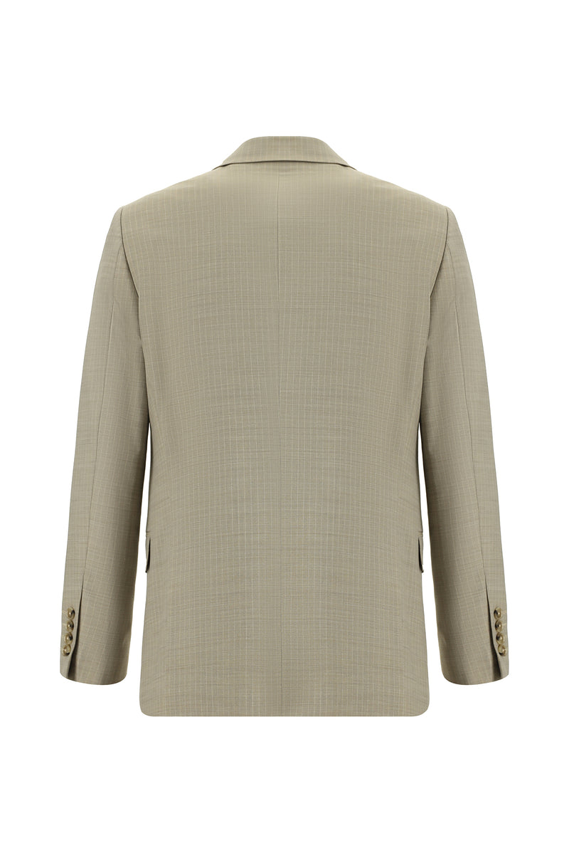 Açık Vizon Slim Fit Dar Kesim Yünlü Klasik Çizgili Takım Elbise