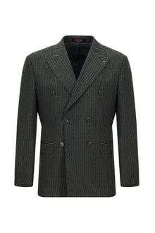 Koyu Füme Slim Fit Dar Kesim Yünlü Çizgili Kruvaze Takım Elbise