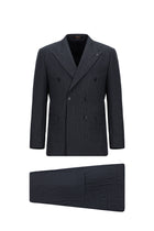 Koyu Lacivert Slim Fit Dar Kesim Yünlü Çizgili Kruvaze Takım Elbise