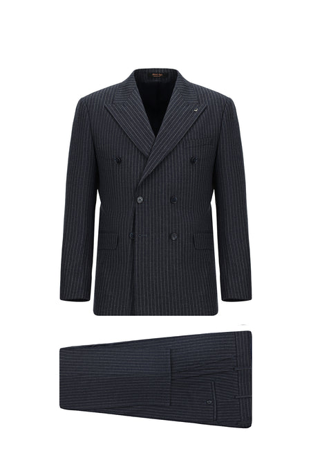Koyu Lacivert Slim Fit Dar Kesim Yünlü Çizgili Kruvaze Takım Elbise