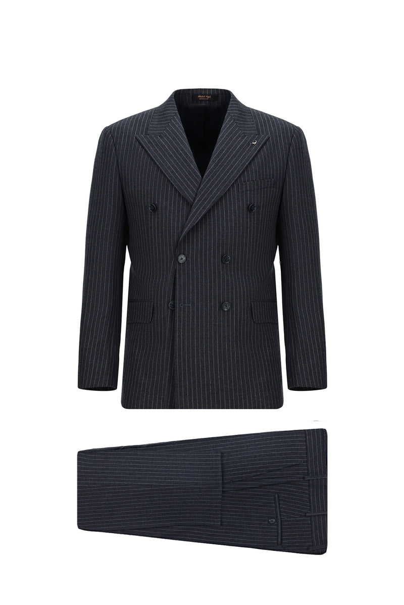 Koyu Lacivert Slim Fit Dar Kesim Yünlü Çizgili Kruvaze Takım Elbise