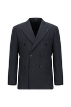 Koyu Lacivert Slim Fit Dar Kesim Yünlü Çizgili Kruvaze Takım Elbise